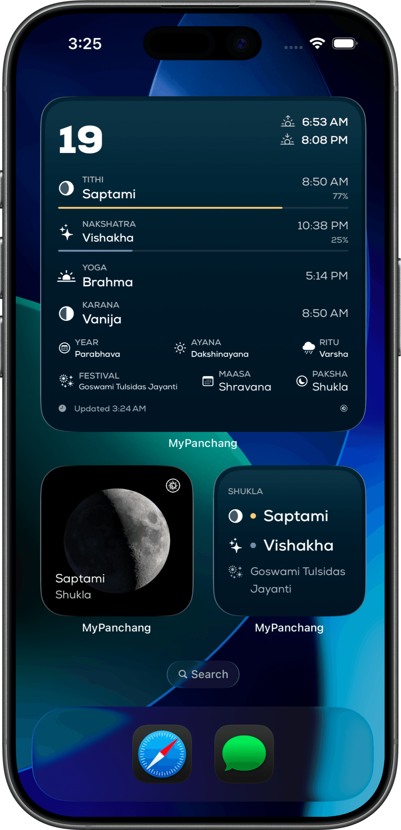 The panchang on the Home Screen