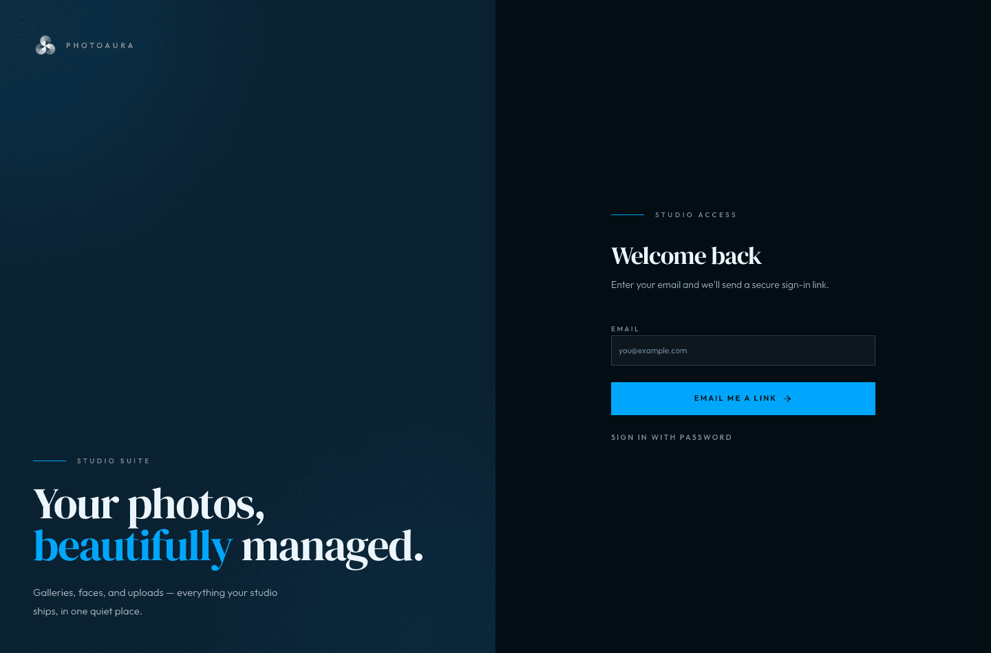 Sign-in as a brand moment — magic links, no passwords