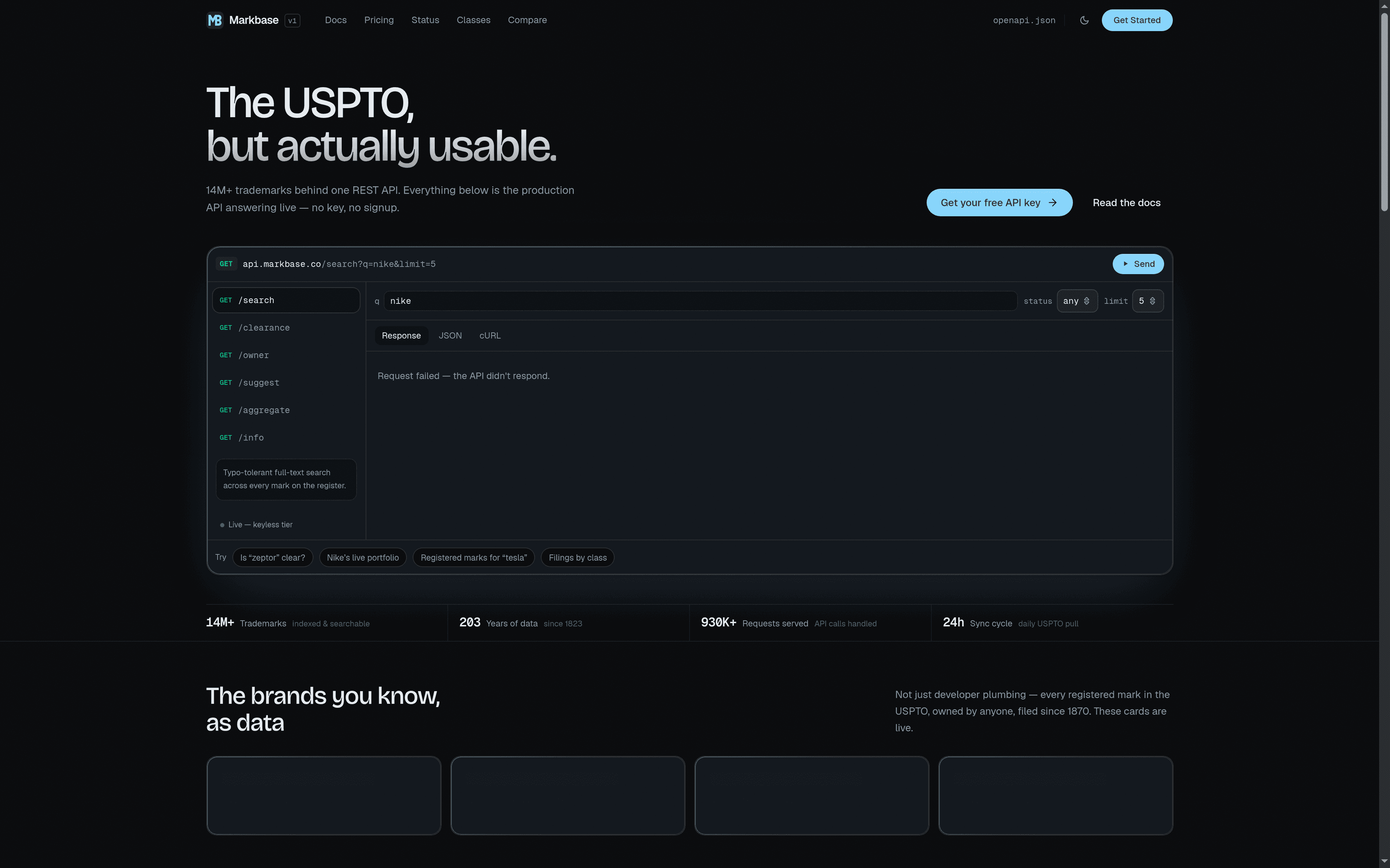 The Markbase landing page with its live API playground