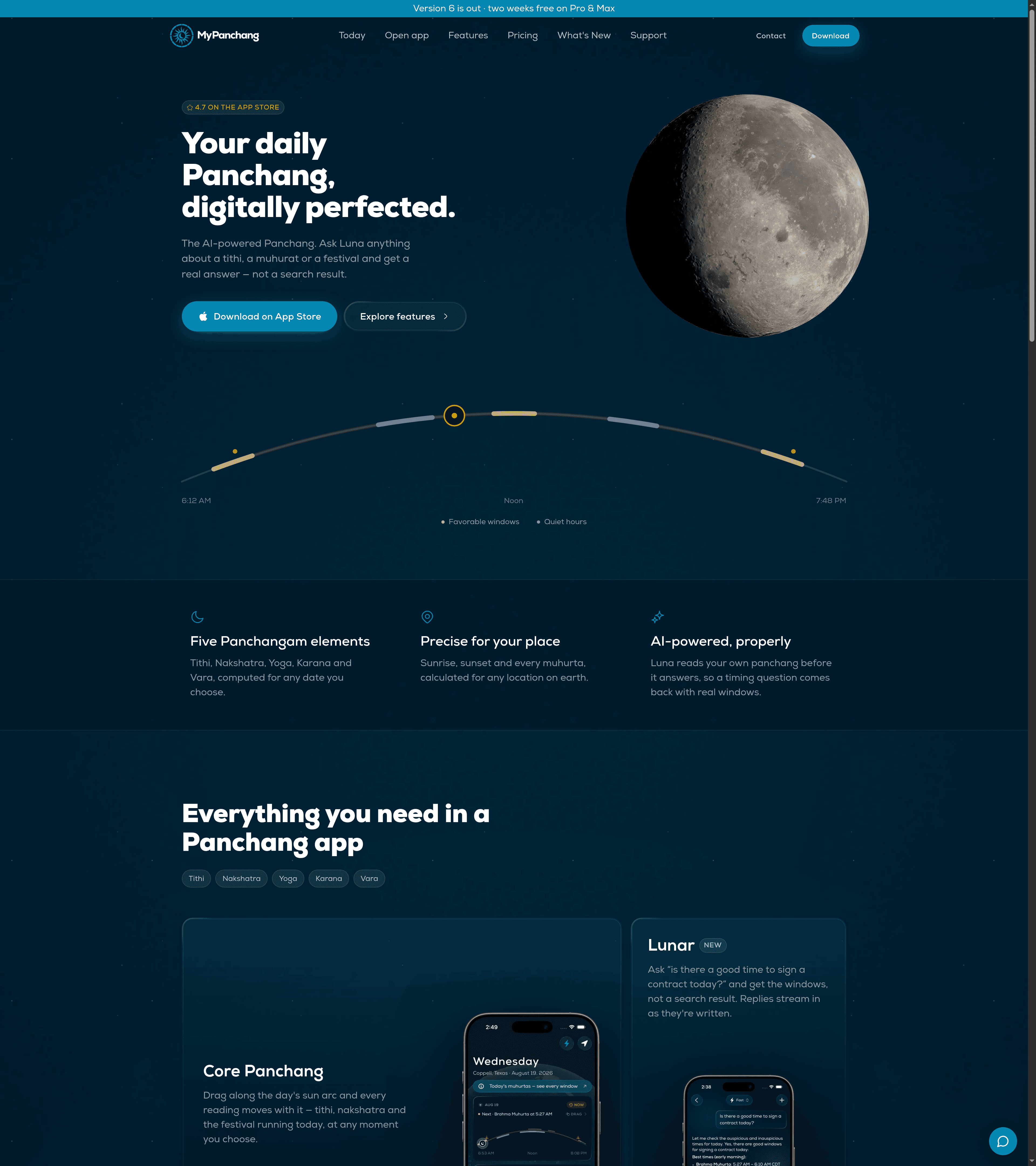 MyPanchang features — core panchang, Luna, festivals
