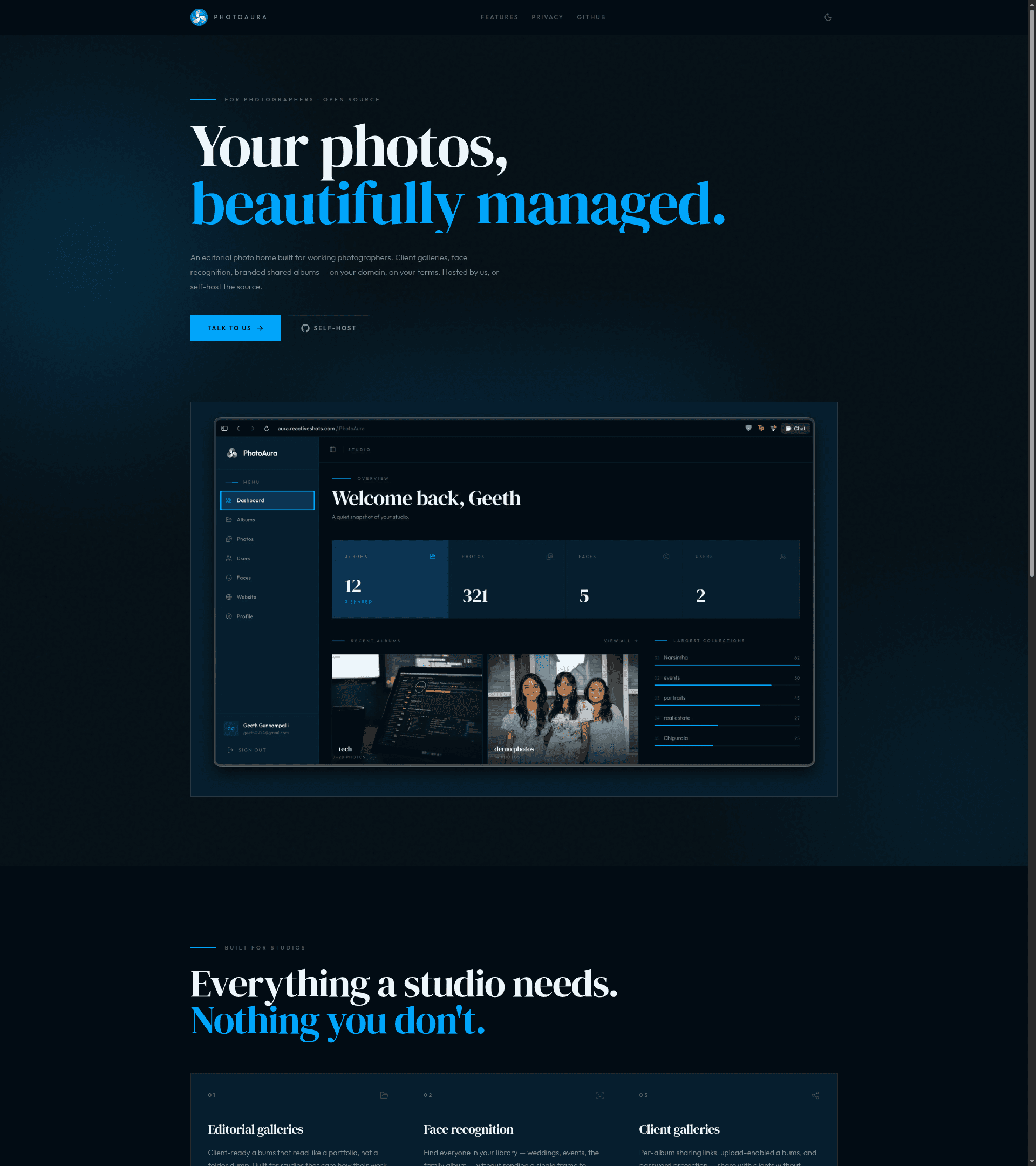 PhotoAura — studio features and self-host story