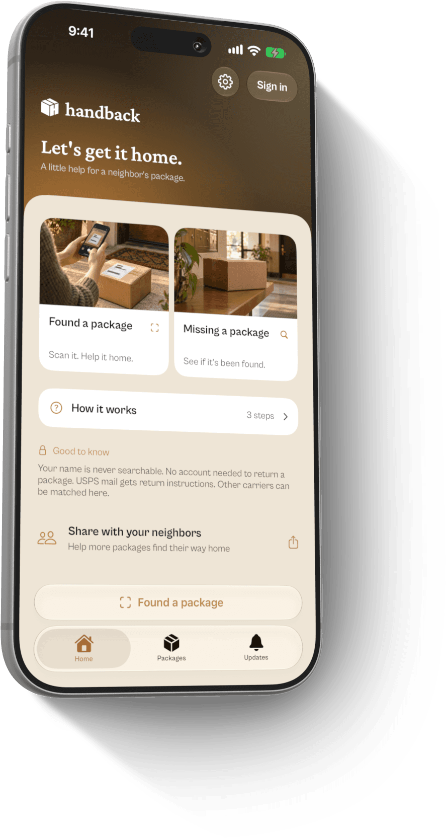 Home — found or missing, one tap