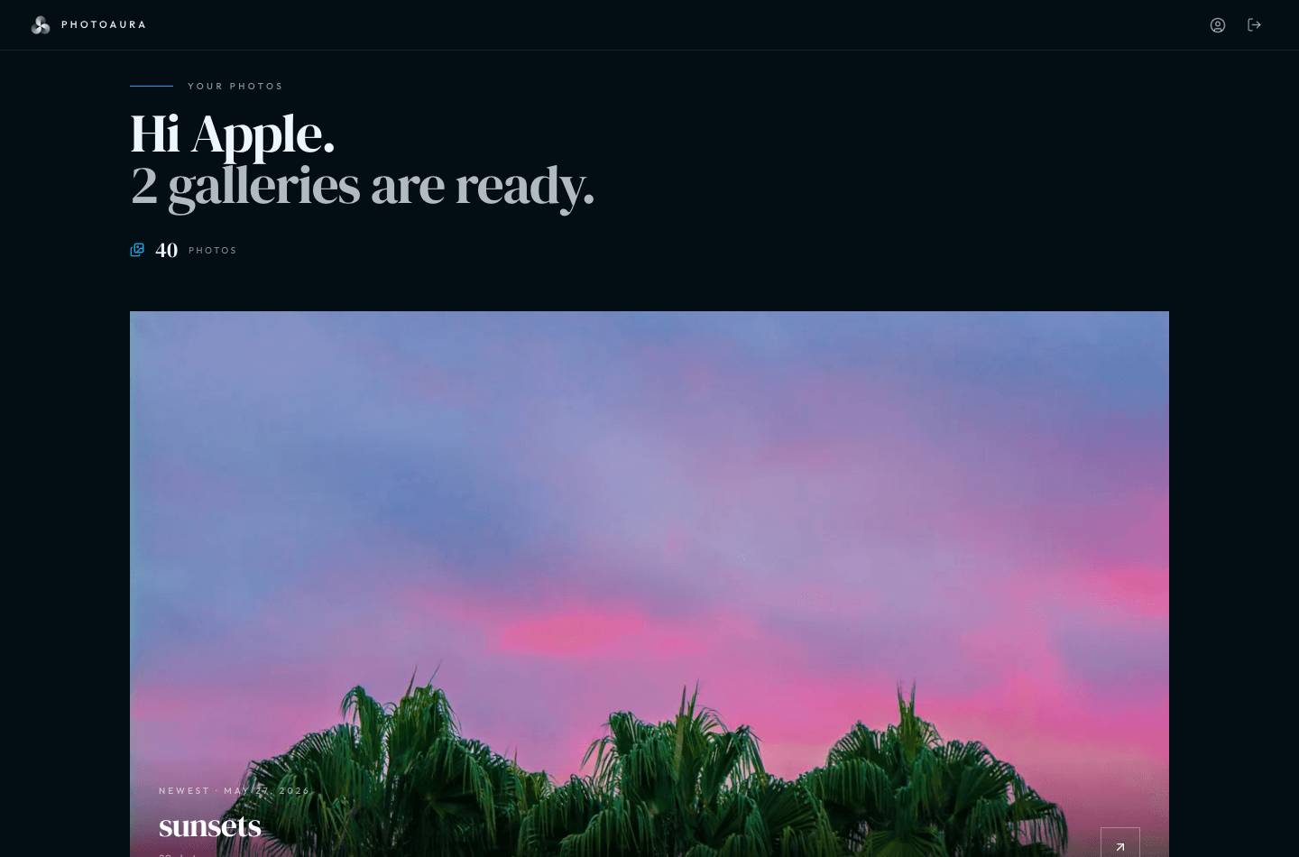 The client home — albums ready, nothing to set up