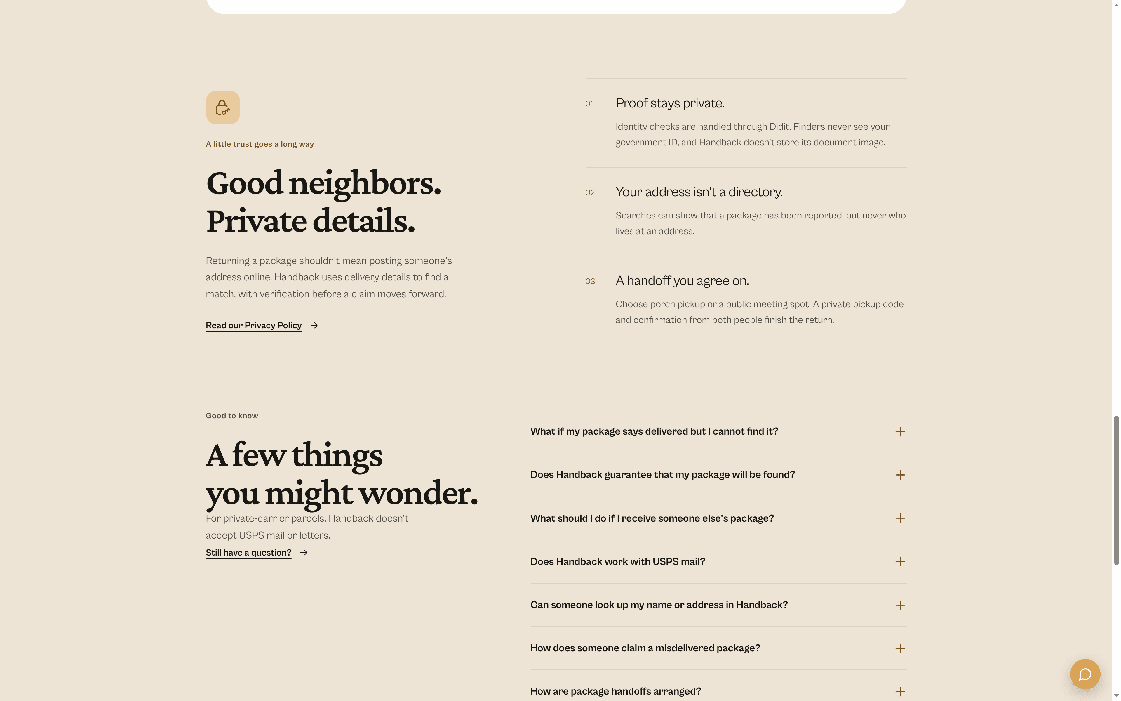 Handback site — privacy section