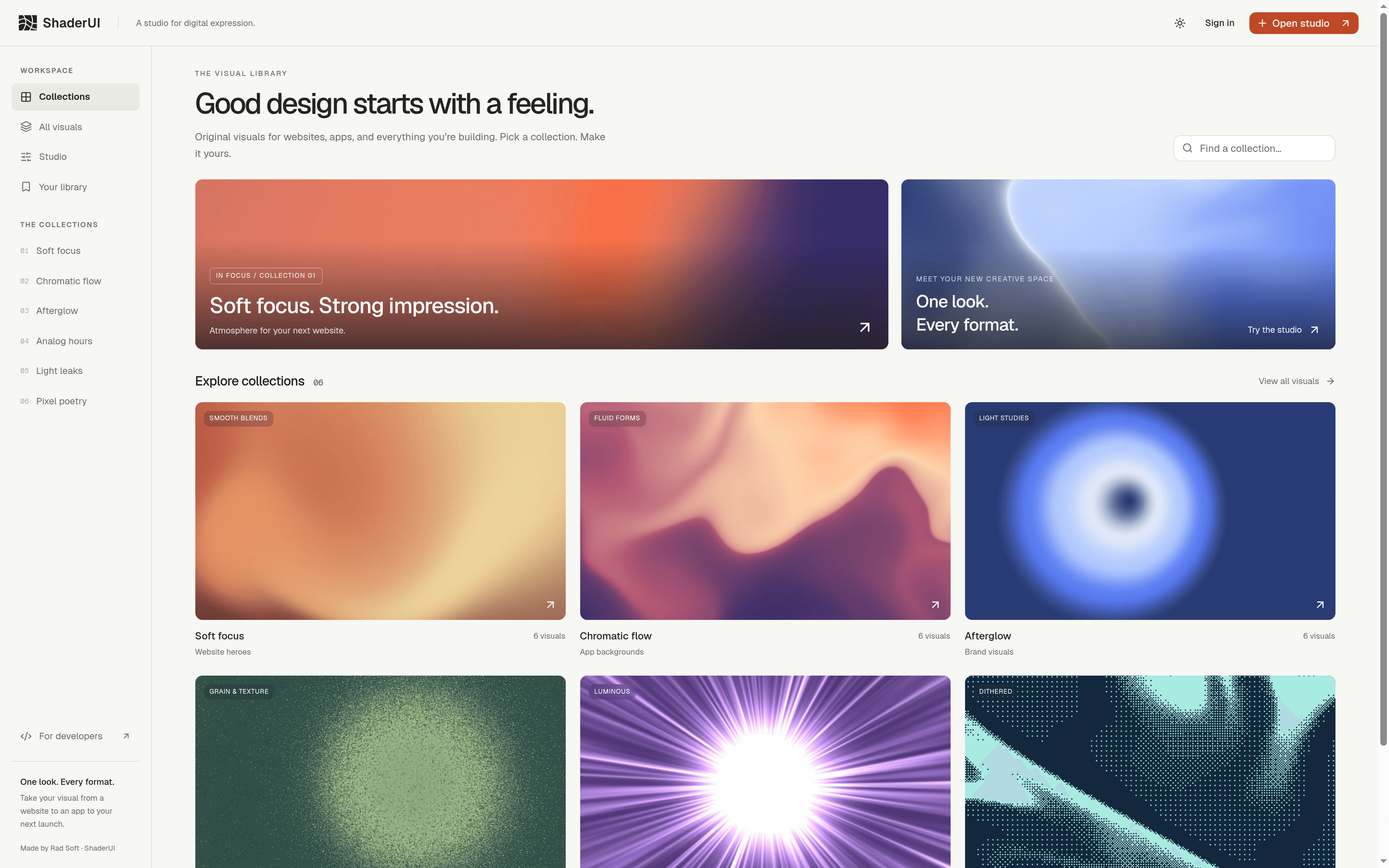 The ShaderUI shelf — collections in the sidebar, visuals in rows