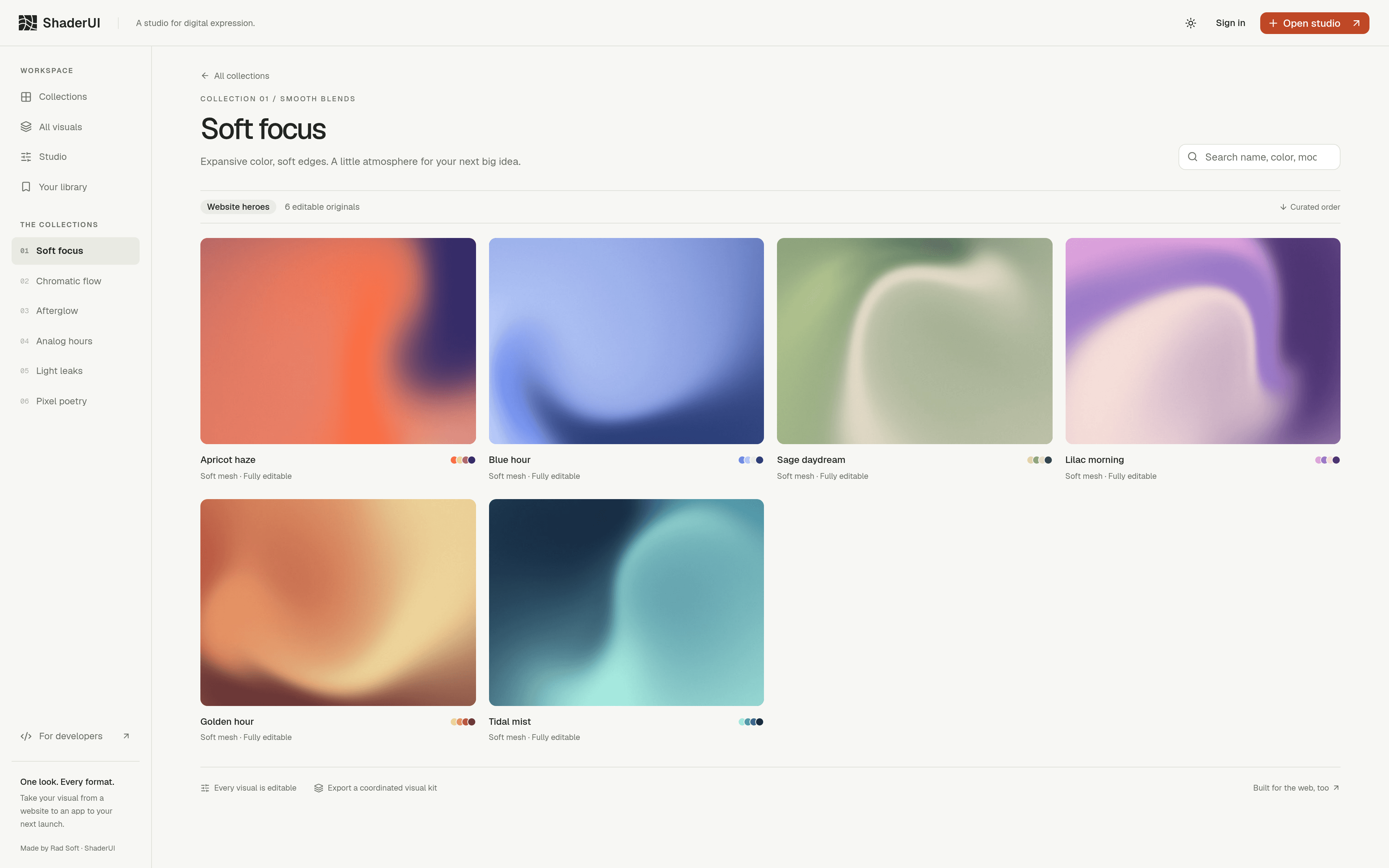 The Soft focus collection — six editable mesh originals